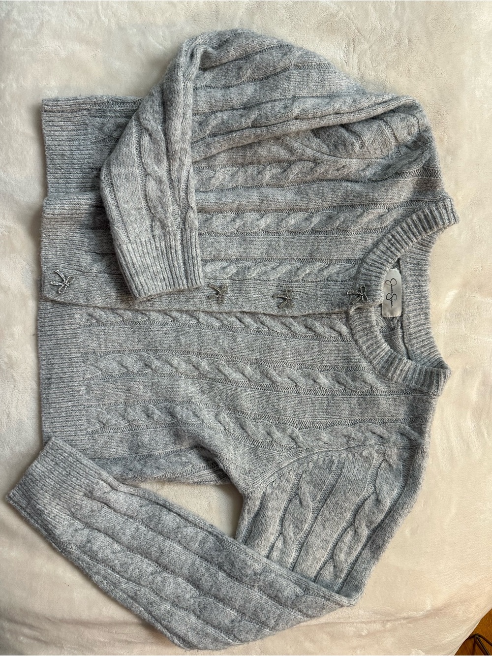 Jessica Simpson Light Gray Cable-Knit Cardigan with decorative silver buttons
